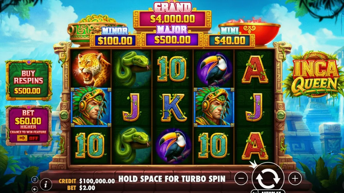 Interface do jogo de slot Inca Queen com tema de civilização antiga