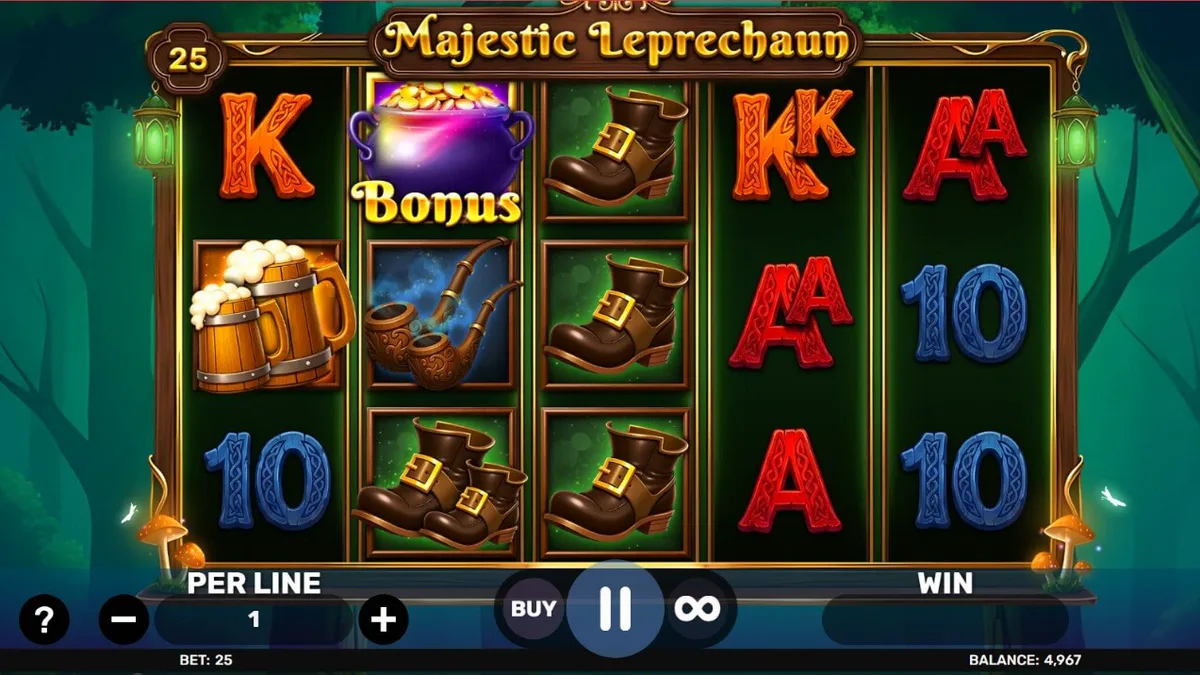 Cenário vibrante e mágico do slot Majestic Leprechaun com elementos celtas